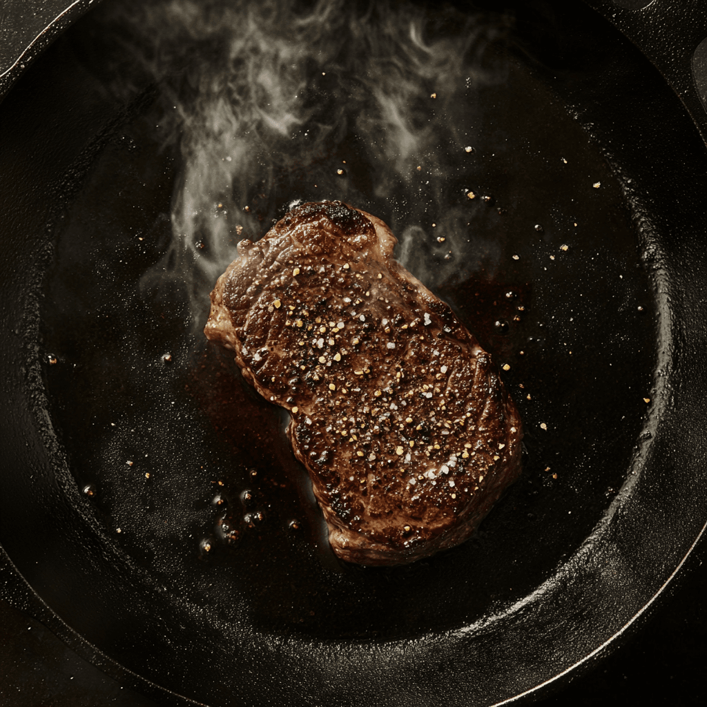 steak in cast iron skillet and oven