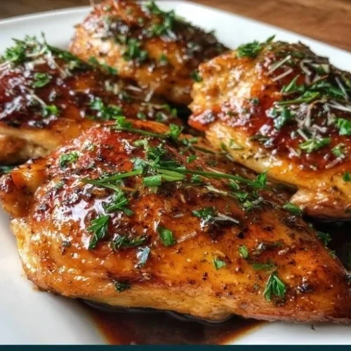Baked balsamic chicken breast garnished with herbs