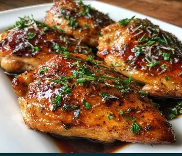 Baked balsamic chicken breast garnished with herbs