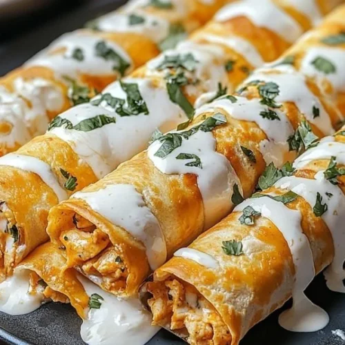 Baked Buffalo Chicken Taquitos served with dipping sauce on a plate