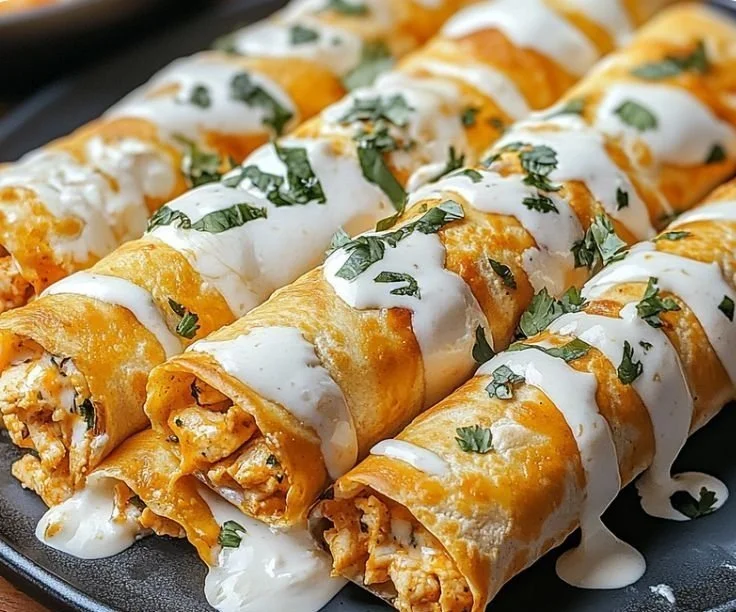 Baked Buffalo Chicken Taquitos served with dipping sauce on a plate