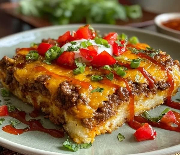 Delicious beef enchilada casserole served hot and ready to enjoy.