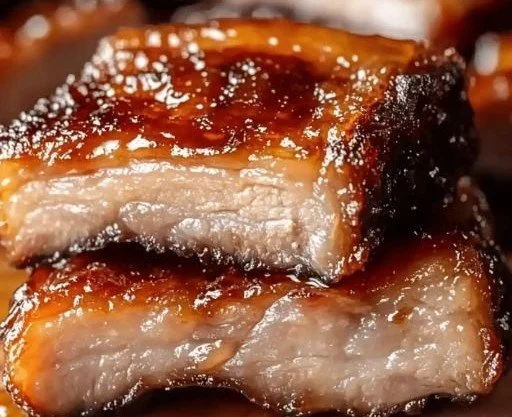 Delicious honey-glazed pork belly with crispy skin served on a plate