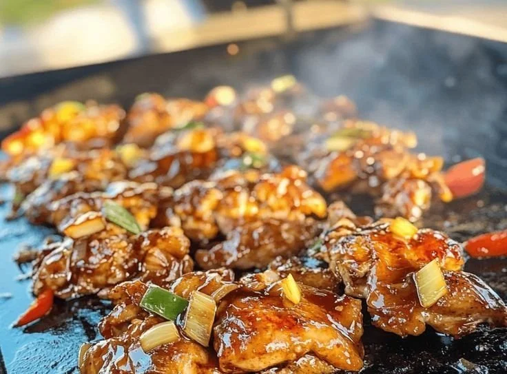 Delicious Blackstone Bourbon Chicken served on a plate
