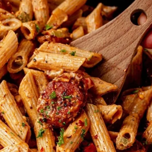 Delicious Cajun Sausage Pasta served in a bowl with fresh ingredients