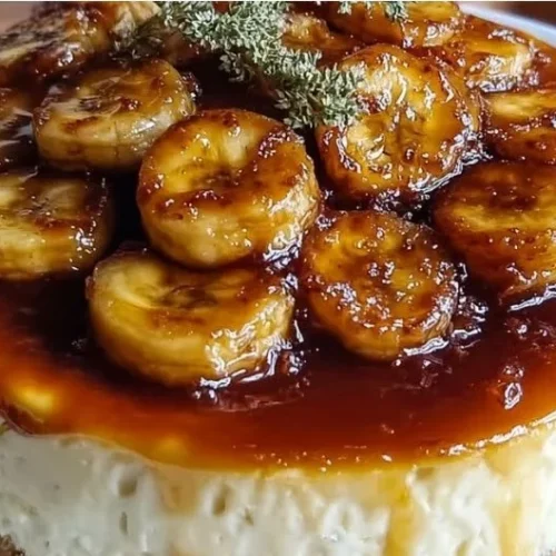 Caramelized banana cheesecake topped with rum glaze, elegantly presented on a plate.