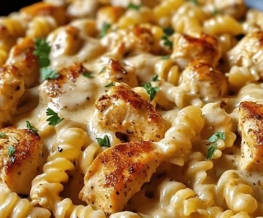 Cheesy Cajun Garlic Chicken Rotini Skillet with fresh herbs