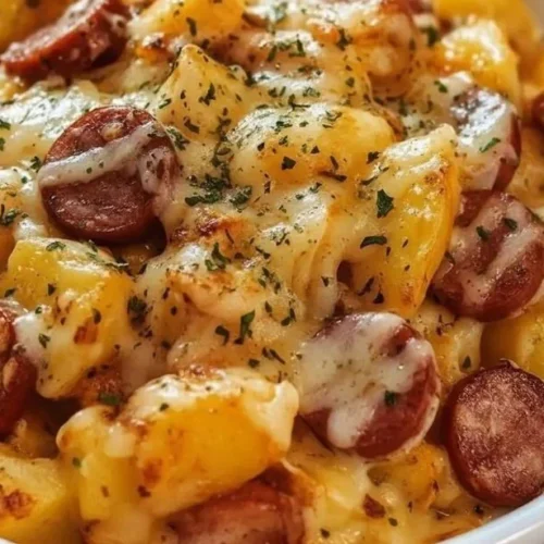 Cheesy Ranch Potatoes topped with smoked sausage in a baking dish