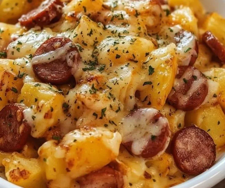 Cheesy Ranch Potatoes topped with smoked sausage in a baking dish