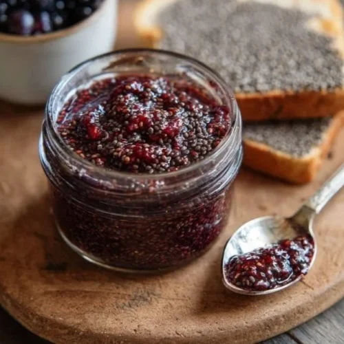 Homemade chia seed jam in a jar with fresh fruits and chia seeds