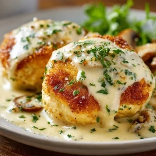 Delicious Chicken Pillows with Creamy Parmesan Sauce ready to serve.