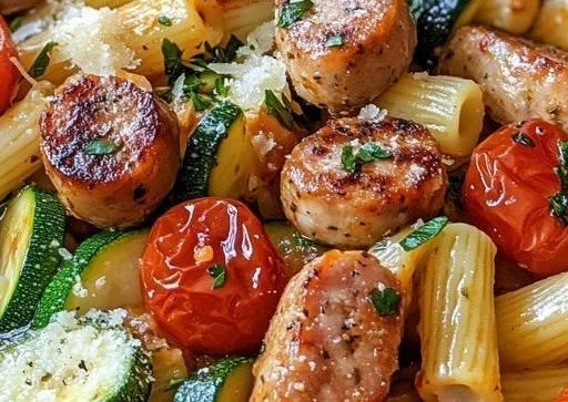 Dish of chicken sausages with zucchini, tomatoes, and pasta served in a bowl