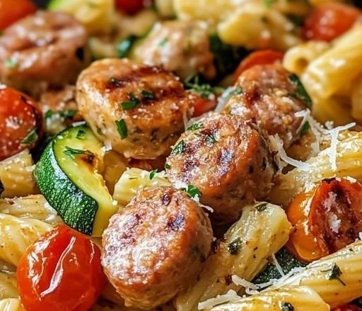 Chicken Sausages with Zucchini, Tomatoes, and Pasta