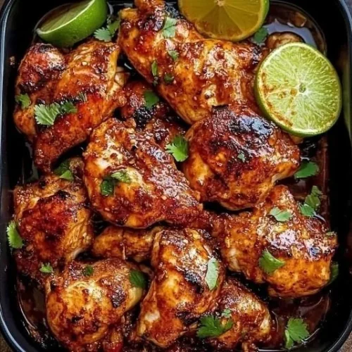 Delicious Chili Lime Chicken garnished with lime slices and herbs