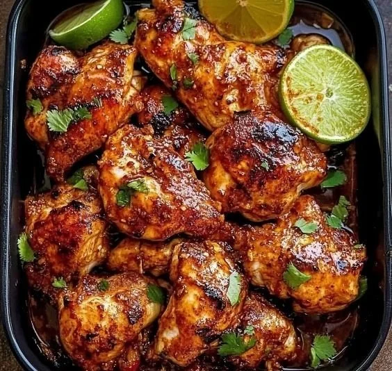 Delicious Chili Lime Chicken garnished with lime slices and herbs