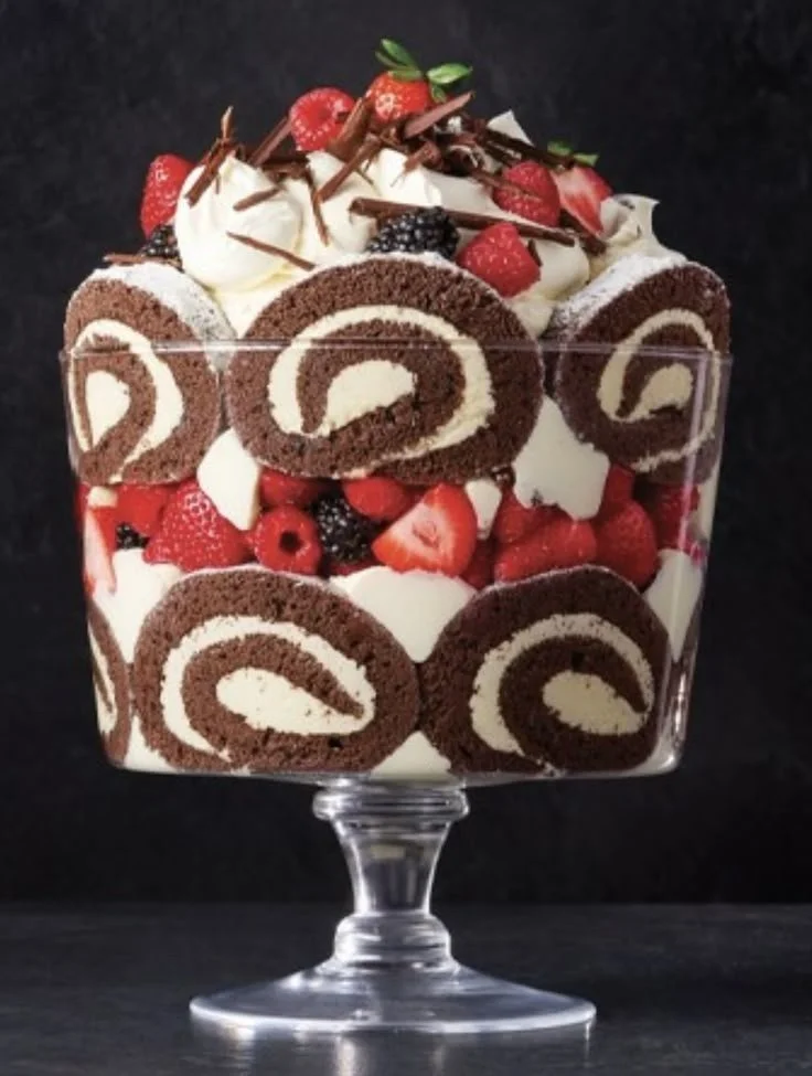Chocolate cake roll trifle with layers of rich chocolate and cream