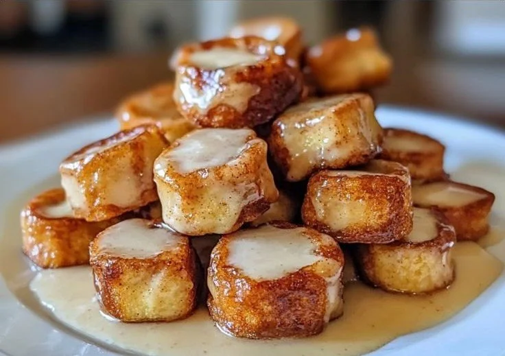Delicious Cinnamon Roll French Toast Bites served on a plate