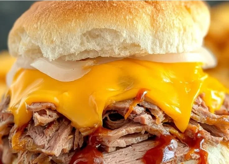 Delicious homemade Copycat Arby's Beef Cheddar sandwich with beef and cheddar.