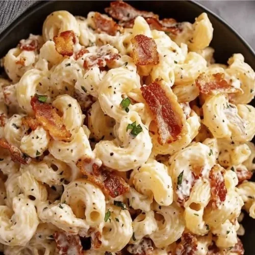 Creamy Bacon Cheddar Ranch Pasta Salad with crispy bacon and fresh ingredients