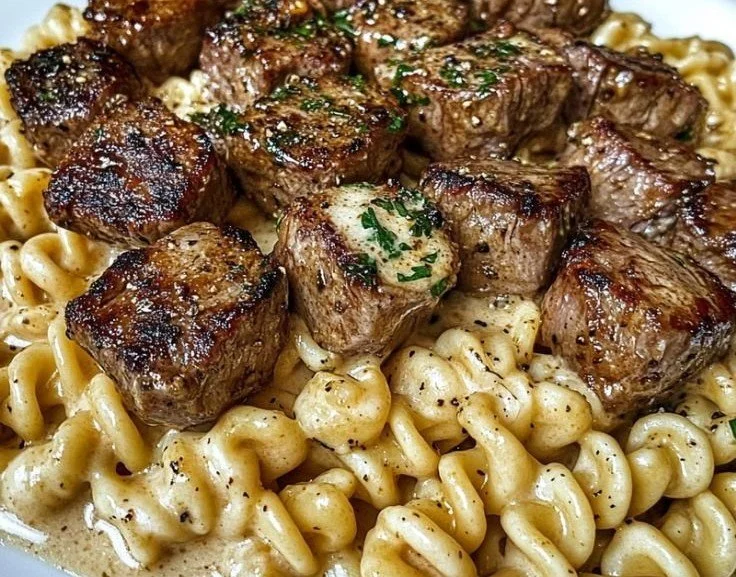Creamy garlic butter steak bites with spicy Cajun Alfredo twisted pasta dish