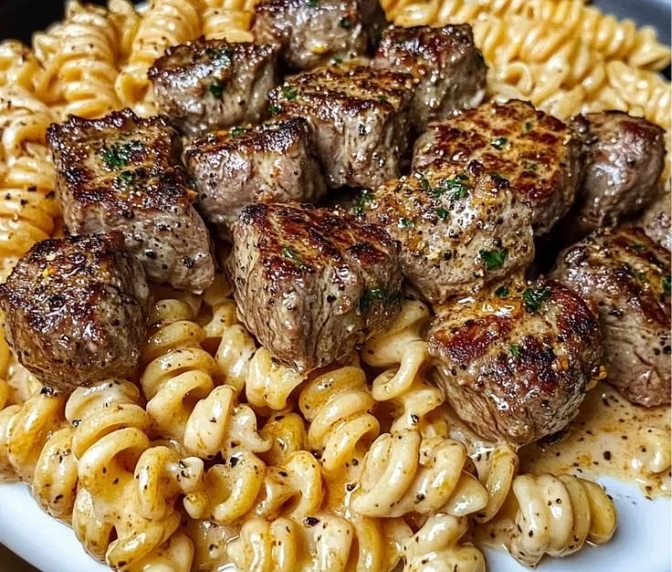 Creamy Garlic Butter Steak Bites with Spicy Cajun Alfredo Twisted Pasta