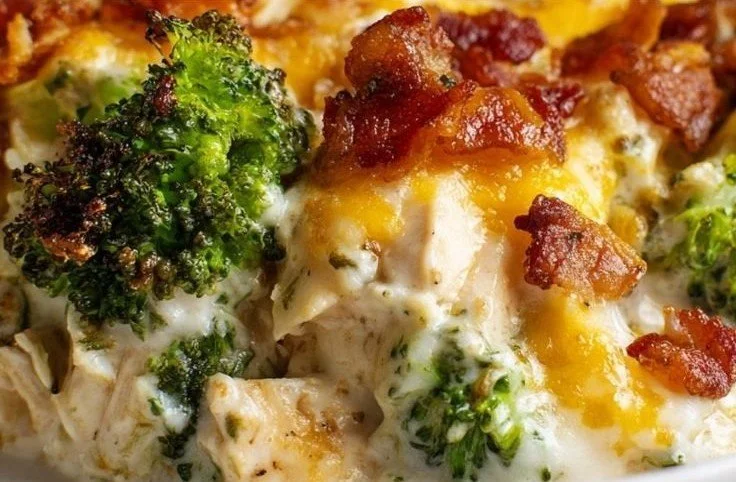 Creamy low carb chicken casserole served with broccoli and topped with crispy bacon
