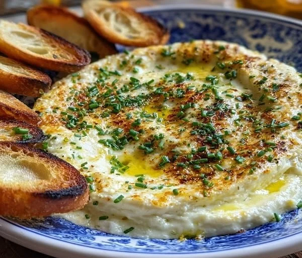 Creamy roasted garlic bread dip served with crispy bread slices