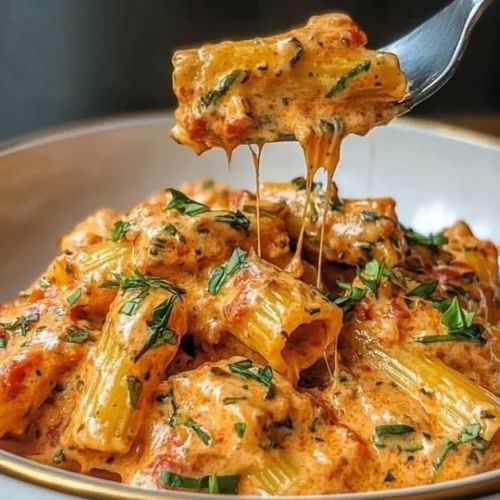 Delicious creamy tomato garlic pasta with fresh herbs and cheese
