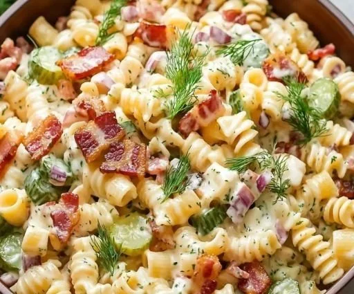 Bowl of Dill Pickle Bacon Pasta Salad with pickles, bacon, and pasta