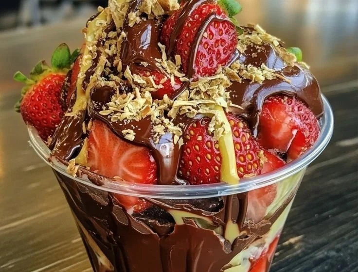 Dubai Chocolate Strawberry Cup dessert with fresh strawberries and rich chocolate