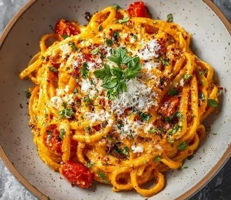 Creamy tomato garlic pasta dish garnished with herbs