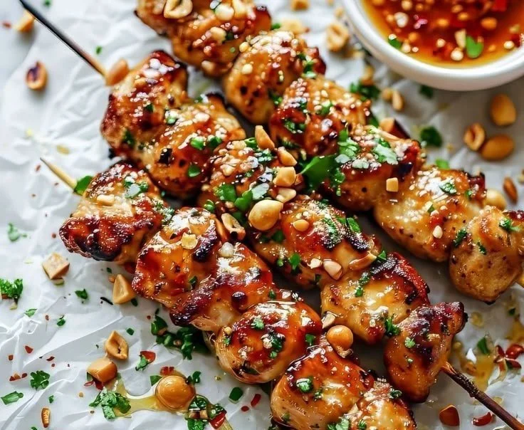 Easy grilled chicken skewers drizzled with honey garlic sauce on a plate.