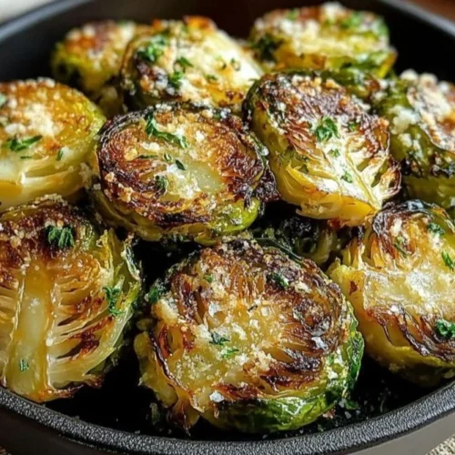 Delicious Garlic Butter Roasted Brussels Sprouts garnished and served on a plate.