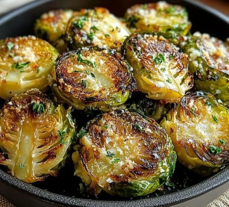 Delicious Garlic Butter Roasted Brussels Sprouts garnished and served on a plate.