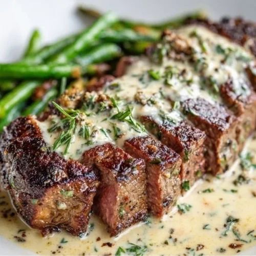 Garlic Butter Steak topped with creamy Parmesan sauce on a plate