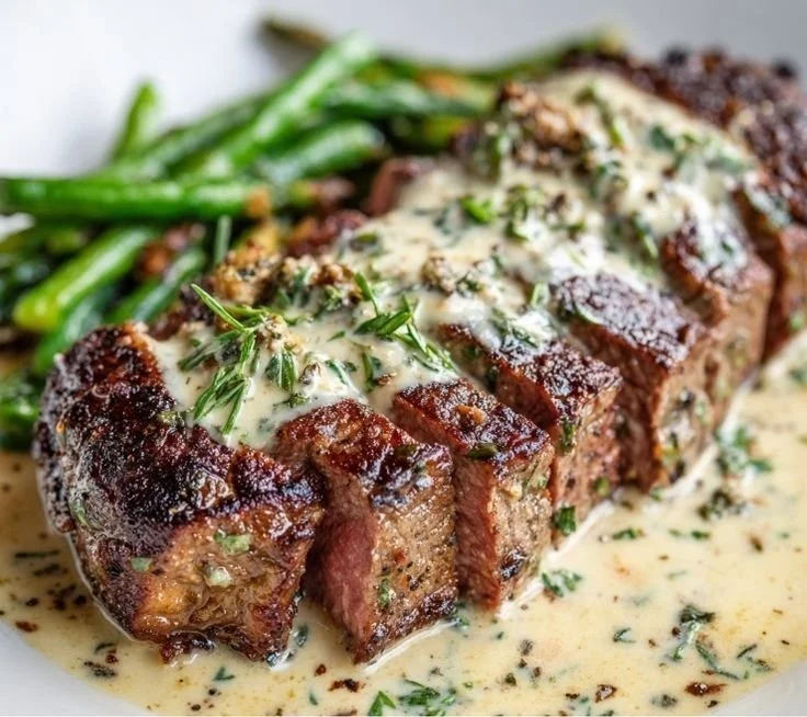 Garlic Butter Steak topped with creamy Parmesan sauce on a plate