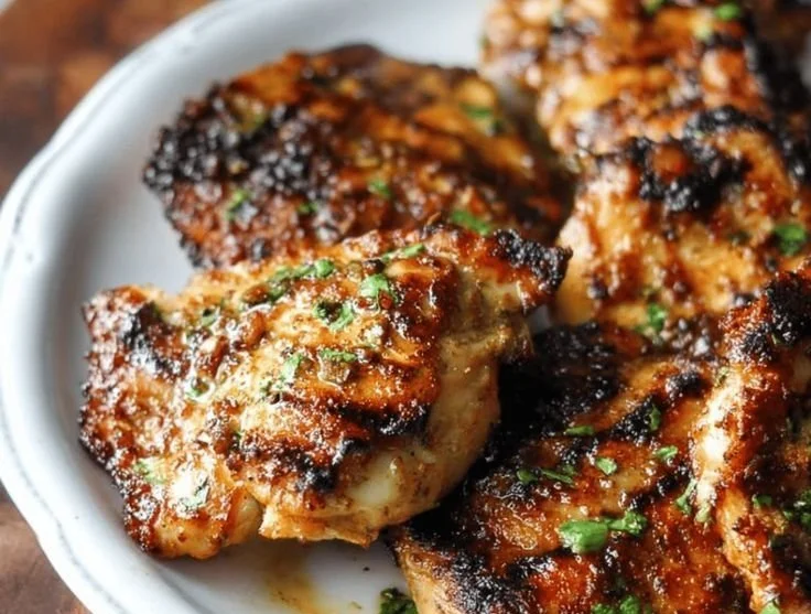 Grilled boneless chicken thighs on a barbecue grill