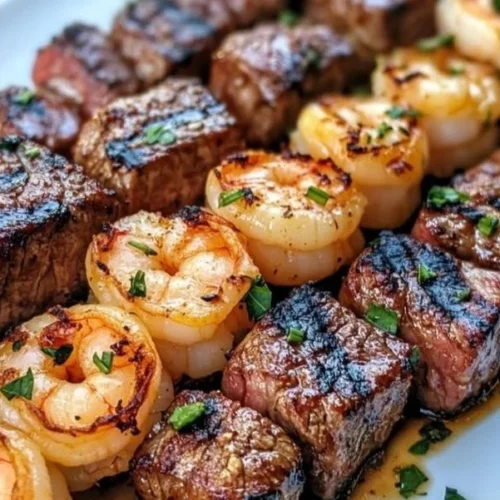 Grilled steak and shrimp skewers garnished with garlic butter on a wooden platter.