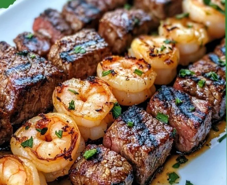 Grilled Steak and Shrimp Skewers with Garlic Butter