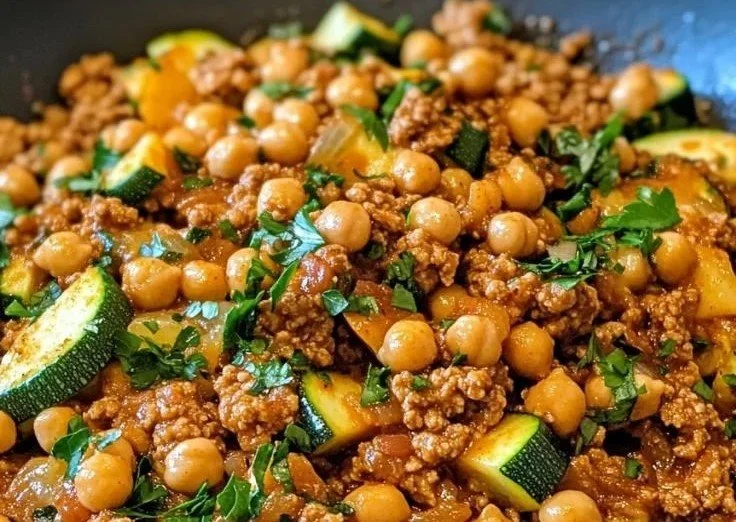 Ground turkey zucchini chickpea skillet in a pan garnished with parsley