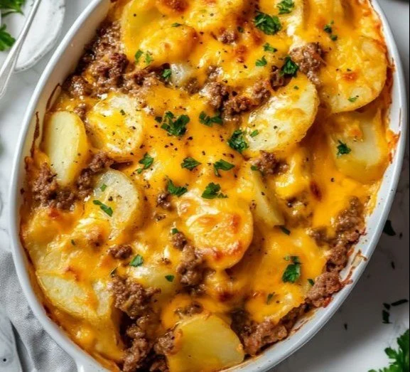 Delicious Hobo Casserole made with ground beef and fresh vegetables