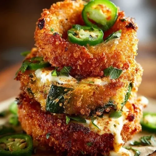 Jalapeño Popper Stuffed Onion Rings served on a plate with dipping sauce