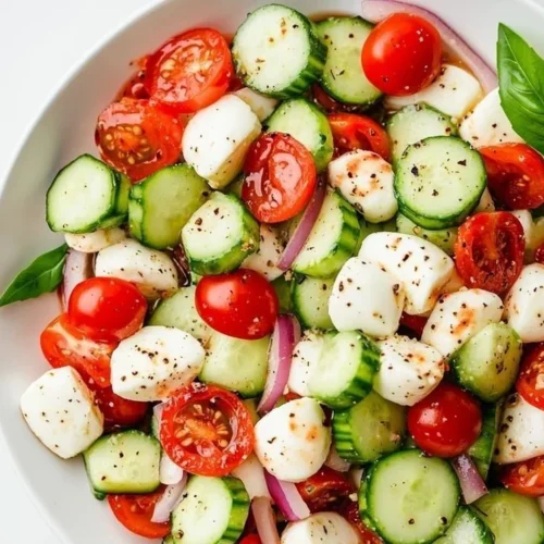 Juicy Cucumber Caprese Salad with cucumbers, tomatoes, and mozzarella