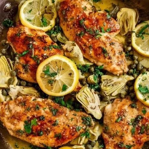 Lemon Artichoke Chicken dish garnished with fresh herbs