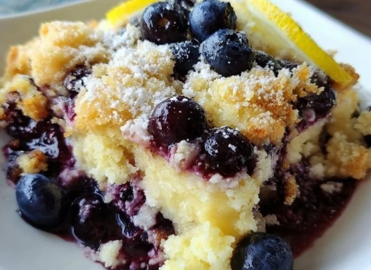Lemon Blueberry Cheesecake Dump Cake served on a plate