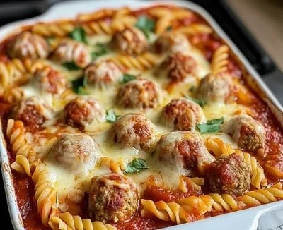 Delicious dump and bake meatball casserole ready for a quick dinner