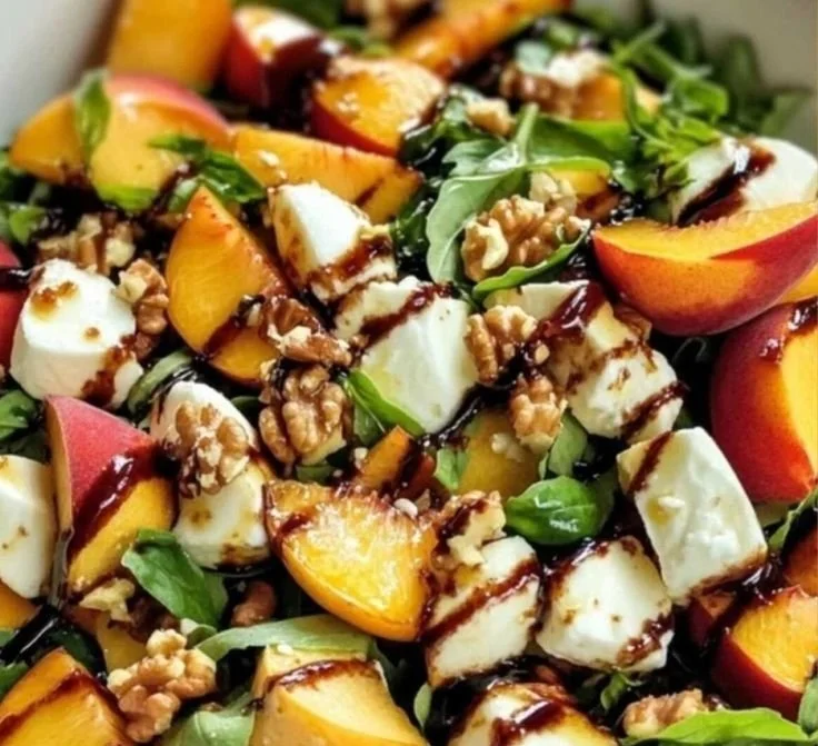 A vibrant bowl of Millionaire Peach Salad featuring fresh peaches and mixed greens.