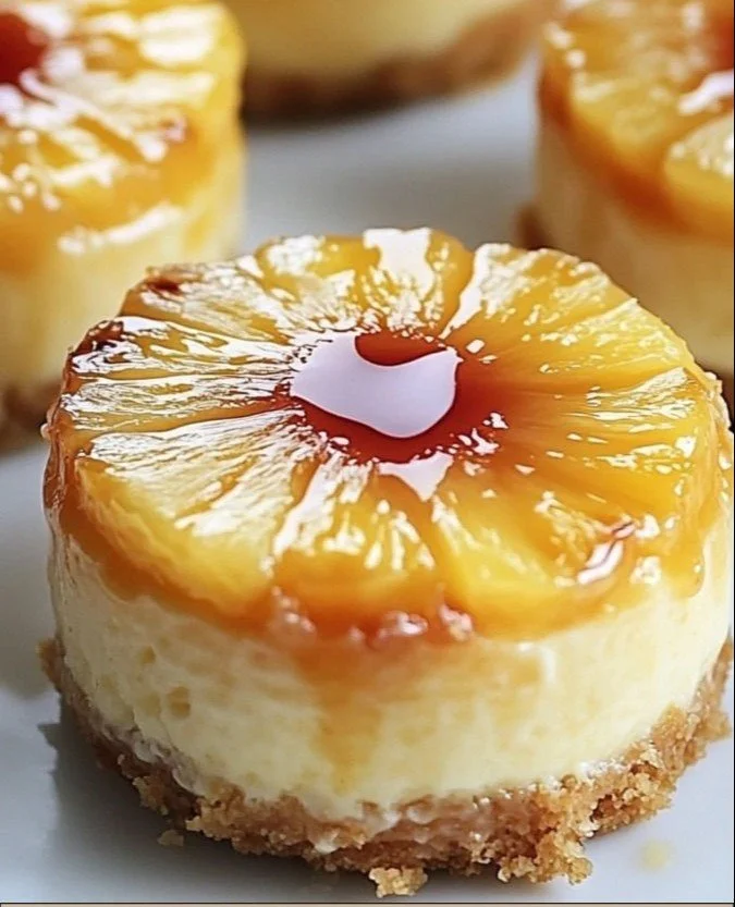 Mini pineapple upside-down cheesecakes topped with cherries on white plate.