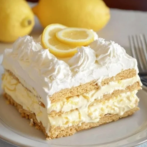 No-Bake Lemon Éclair Cake with layers of lemon flavor and creamy filling.