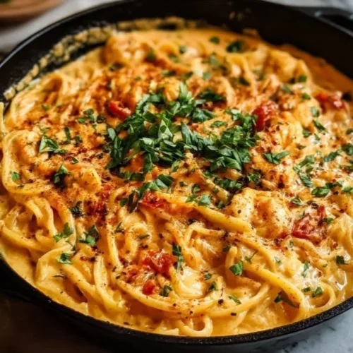 One Pan Creamy Tomato Pasta garnished with fresh basil and cheese